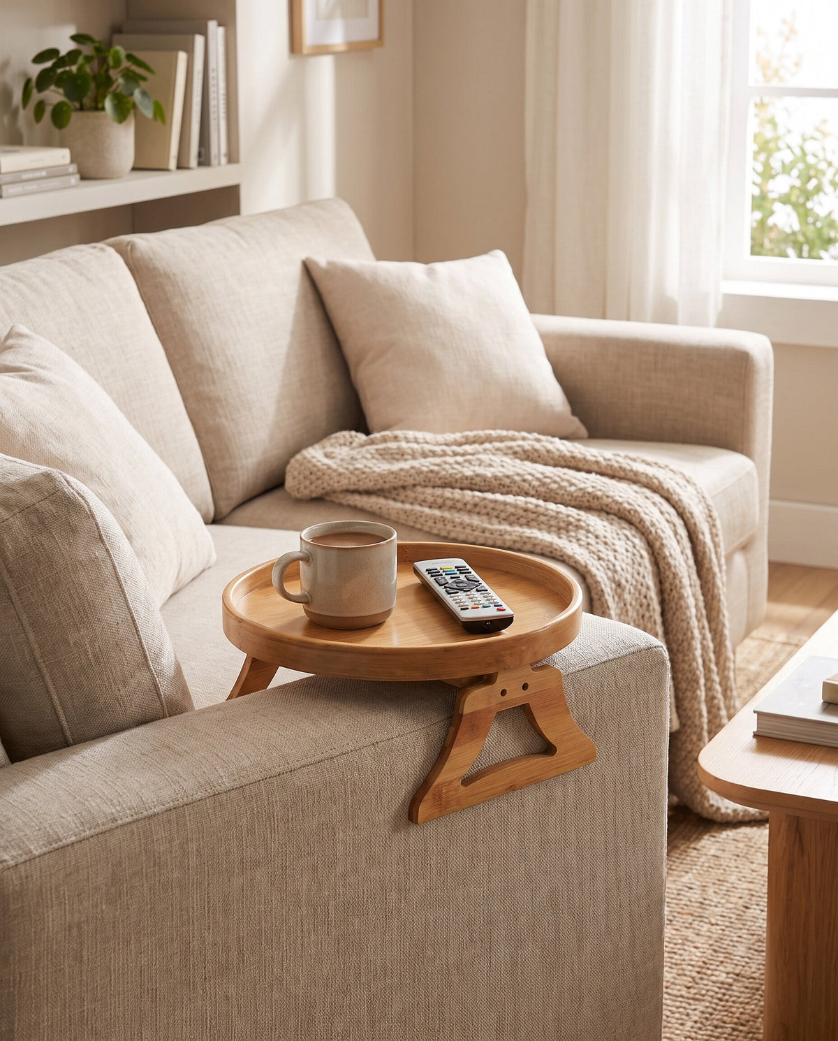 Round Bamboo Sofa-Arm Tray with Hinged Clamps – product view 3