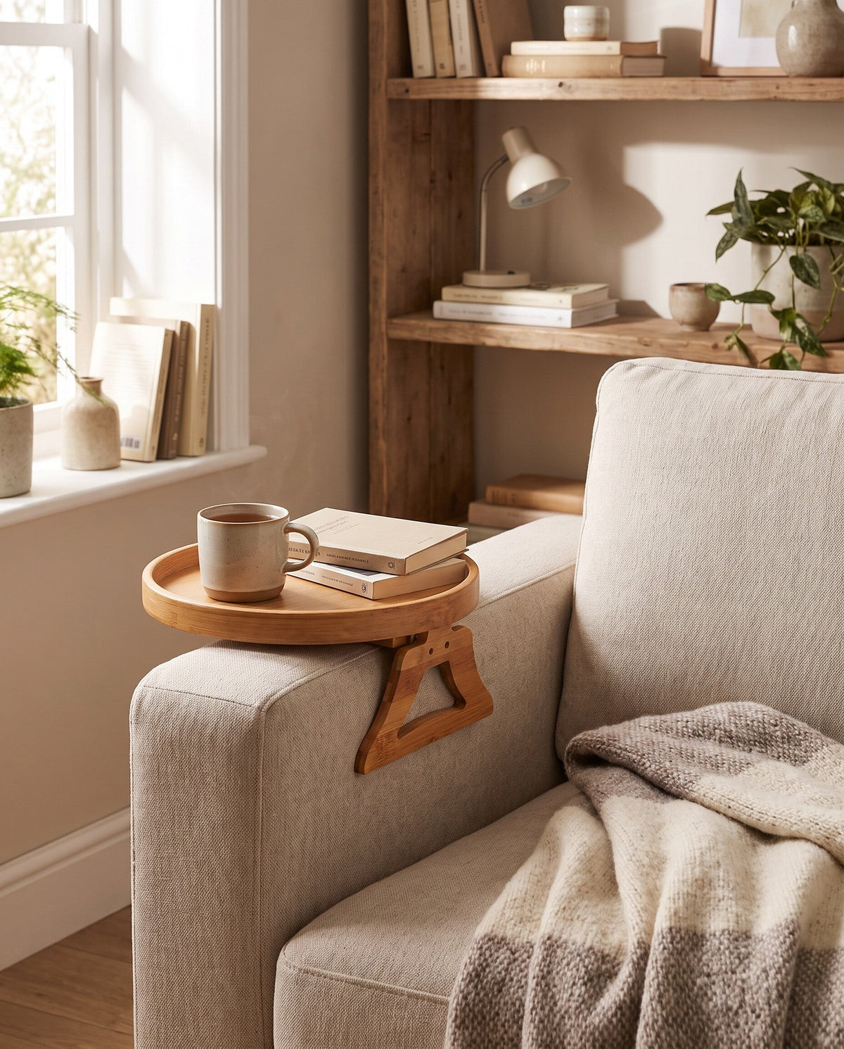 Round Bamboo Sofa-Arm Tray with Hinged Clamps – product view 4