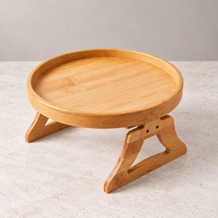 Round Bamboo Sofa-Arm Tray with Hinged Clamps