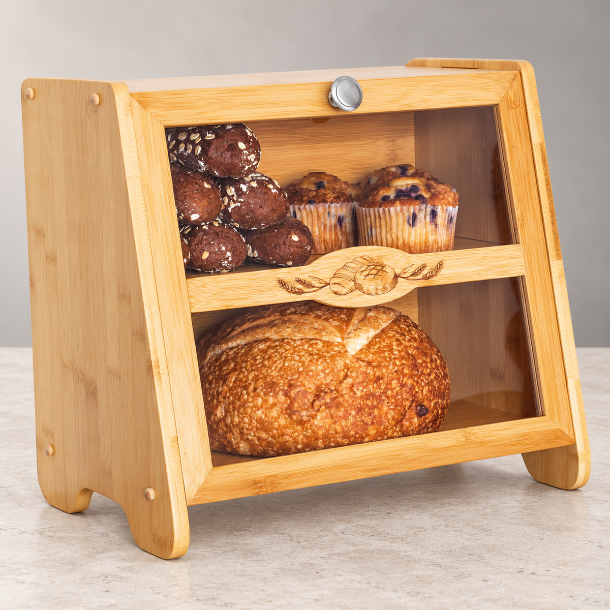 Two-Tier Bamboo Bread Cabinet with Glazed Front