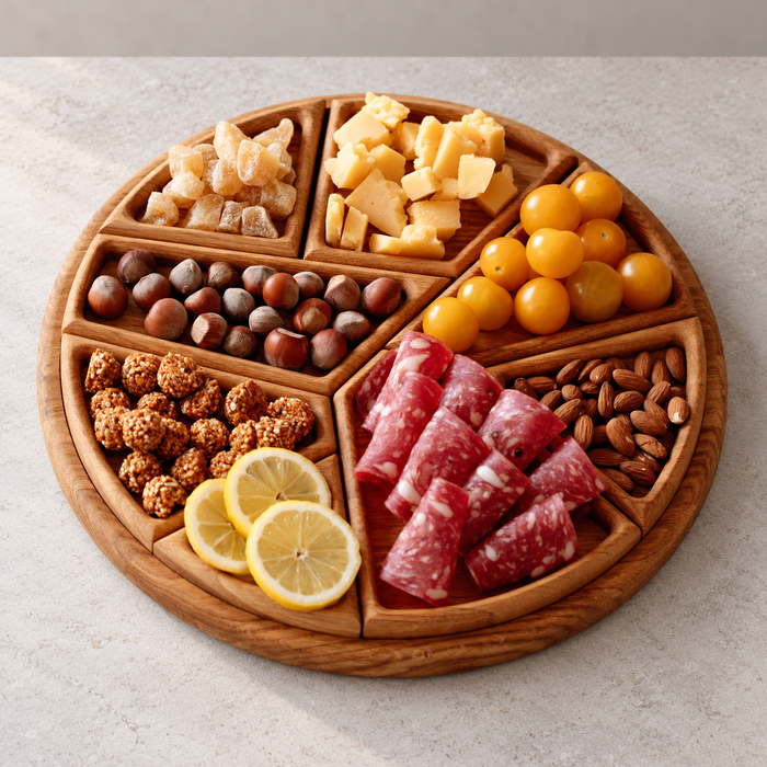 Round Wooden Snack Platter with Lift-Out Sections